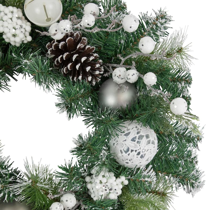 Green Pine Frosted Artificial Christmas Wreath Laced Ornaments 24"
