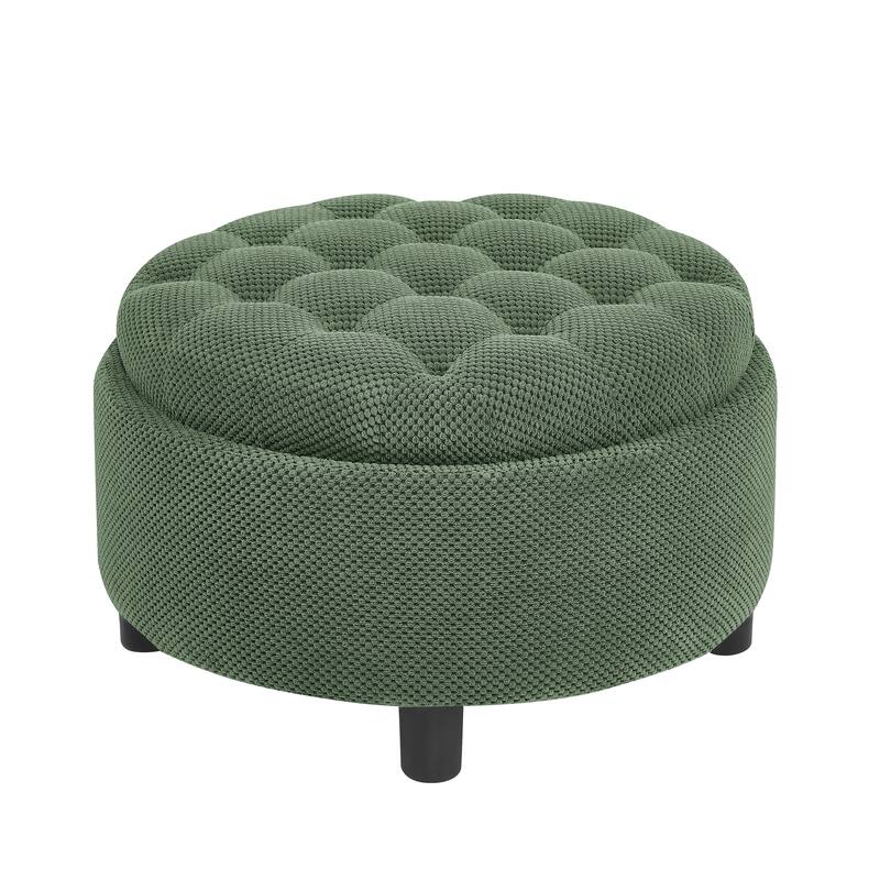 Round Storage Ottoman with Lift-Off Tray and Upholstered Fabric