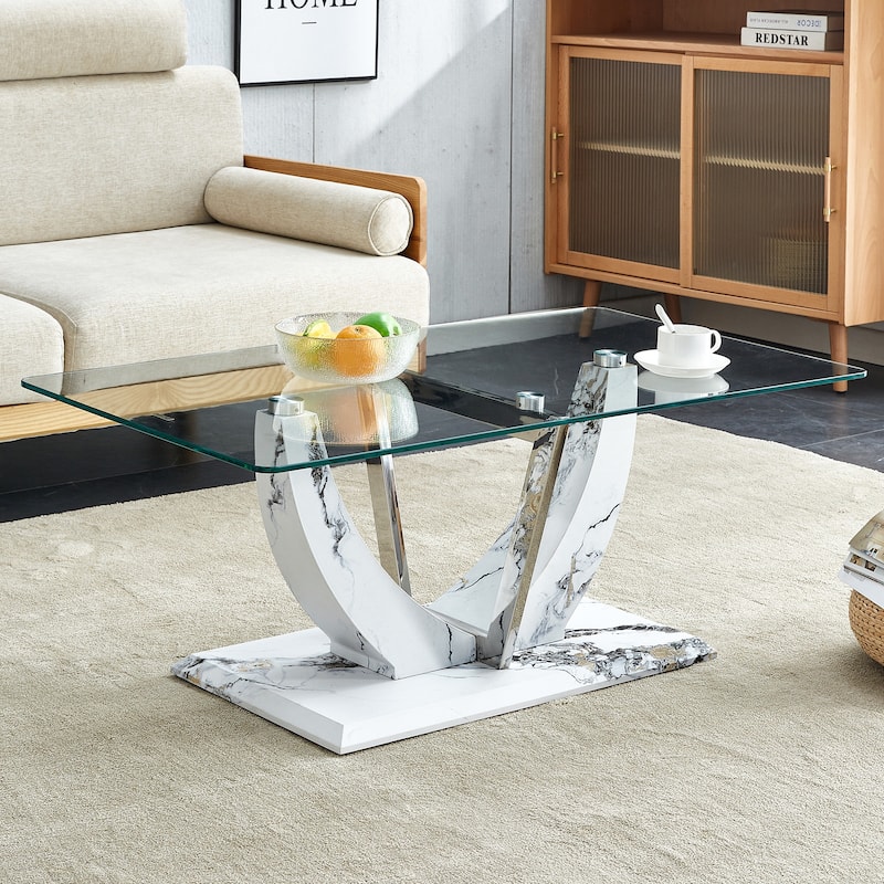 Modern minimalist transparent tempered glass coffee table with marble patterned MDF legs stainless steel decorative columns - Marble patterned