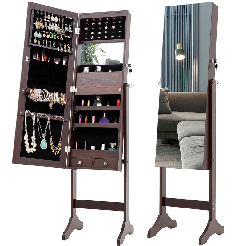 Fashion Simple Jewelry Storage Mirror Cabinet With LED Lights - Brown