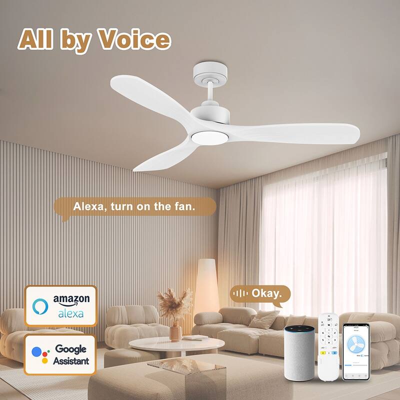 52 in. Modern Outdoor Indoor White Ceiling Fans with LED Lights Remote, Voice Control via WIFI Alexa App, Quiet DC Motor