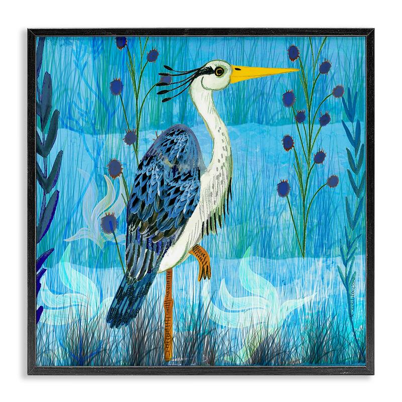 Stupell Standing Crane with Blue Tones Framed Giclee Art Design By Kay Widdowson - 12 x 12 - Black