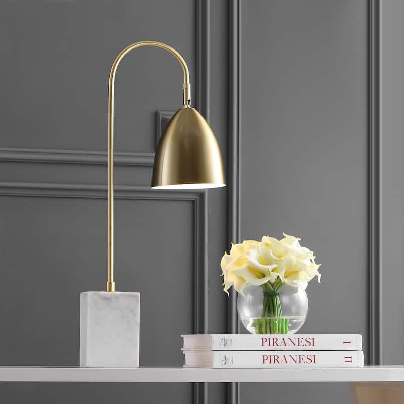 Vaughn 26" Gold Arched Metal with Marble Base LED Table Lamp, Brass Gold/White by JONATHAN Y