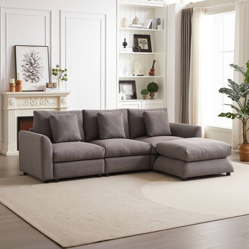 Modern Modular L-Shaped Sectional Sofa with Ottoman, 3 Cushions and 3 Pillows for Living Room