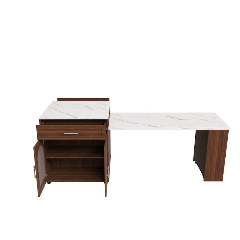 80" Expandable Kitchen Island with Dining Table with Marble-Grain Countertop with Power Outlet