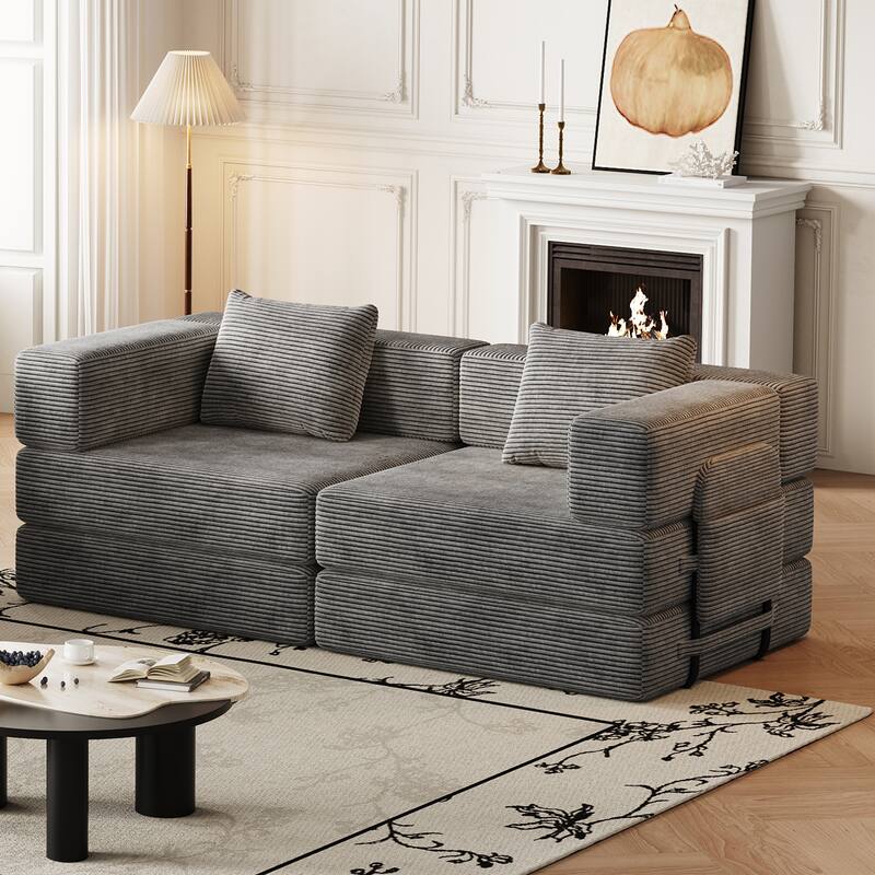 Folding Loveseat Sofa Convertible Sleeper Sofa Bed, Floor Standing Couch Bed Corduroy Floor Mats with Side Pockets and Pillows