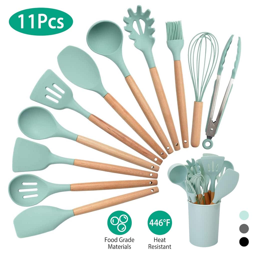 11-Piece Silicone Kitchen Utensil Set Heat-Resistant with Wooden Handles Spatulas Ladle - 4.72 × 4.72 × 6.18 in
