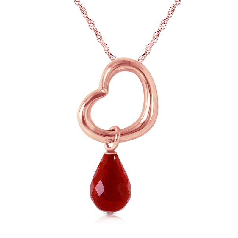 3.30 Carat 14K Solid Gold Heart Necklace w/ Dangling Natural Ruby - 22 Inch - Rose