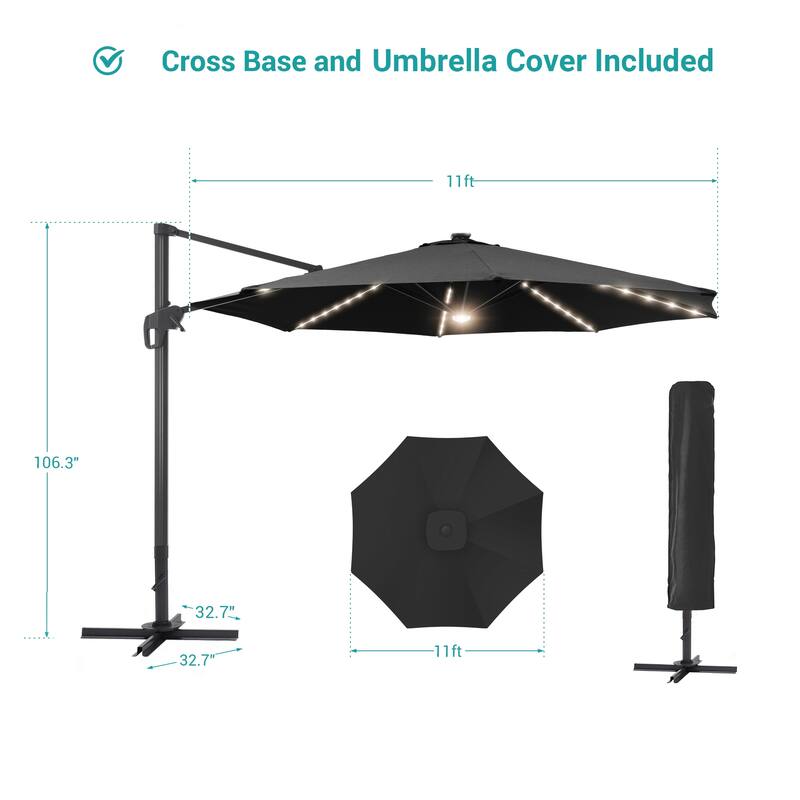BONOSUKI 11FT LED Cantilever Patio Umbrella Angle Adjustment w/Cross Base