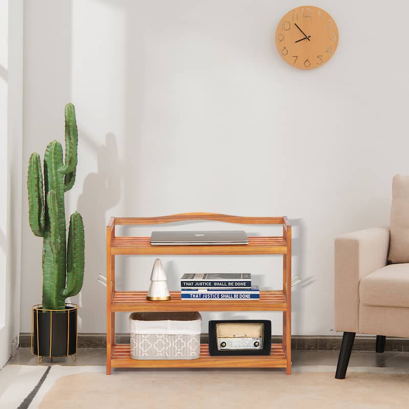 Costway 3-Tier Wood Shoe Rack Solid Acacia Wood Shoe Shelf with Side