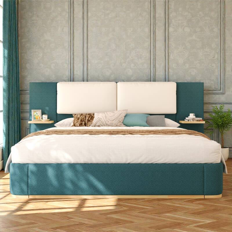 Upholstered Platform Bed Frame with Side Storage Panels, Soft Rounded Corners, Cushioned Headboard & No Box Spring Needed
