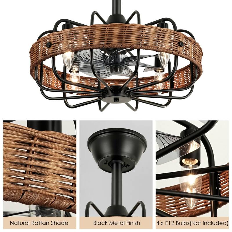 4-Light Farmhouse Modern Brown Drum Ceiling Fan Lighting with Woven Rattan Accent - 18.5 in. W x 5.7 in. H