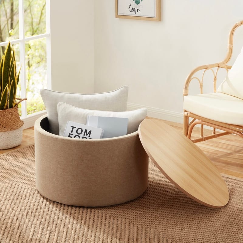 Parker Large Round Storage Coffee Table Ottoman with Wooden Lift Off Lid