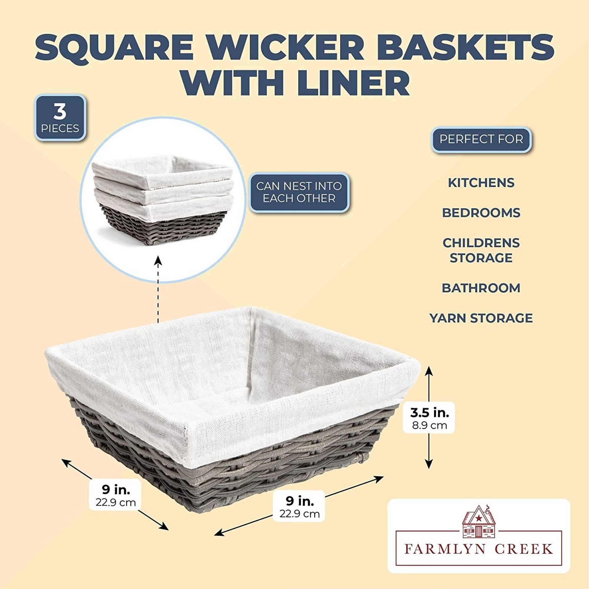 Farmlyn Creek 3-Pack 9 inch Square Wicker Storage Baskets with Liners -  Small Woven Bins for Organizing Kitchen and Closet Shelves