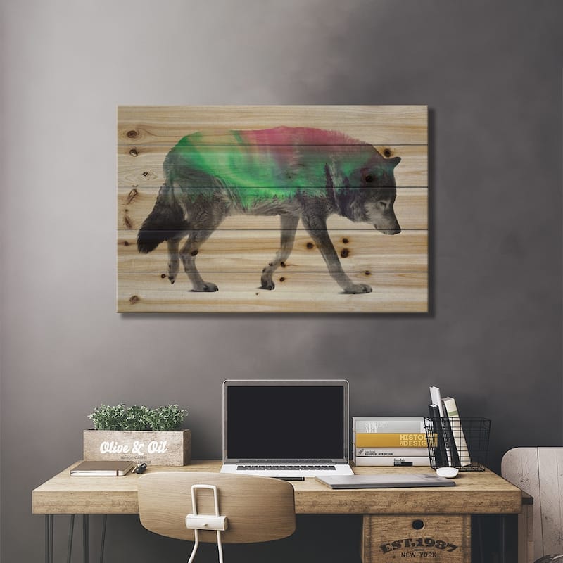 Wolf Print On Wood by Andreas Lie - Multi-Color