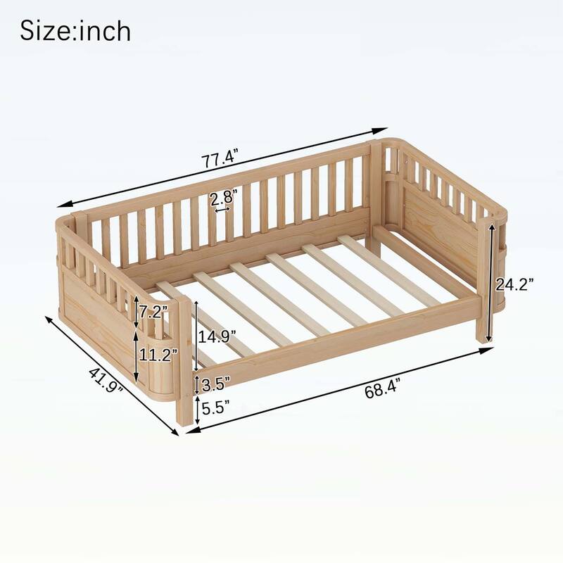 Wood Platform Bed with Safety Rails,and Versatile Use