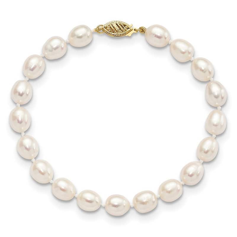 Curata 14k Yellow Gold 7 7.5mm White Rice Freshwater Cultured Pearl Bracelet 7.5 Inch