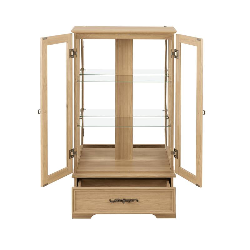 Lighted Glass Display Curio Cabinet with Door, 3 Shelves, Bulb, Drawer