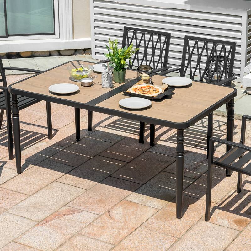 Patio Rectangle Dining Table with Umbrella Hole, Wood-Grain Tabletop