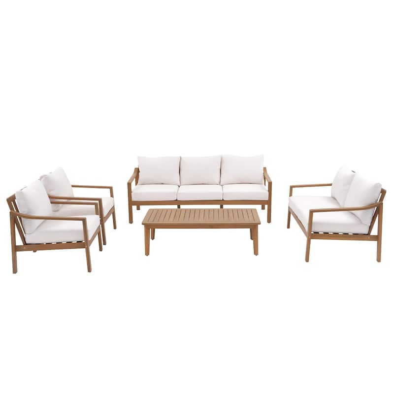 Outdoor 5 Piece Wooden Chair Set With Table And Cushion