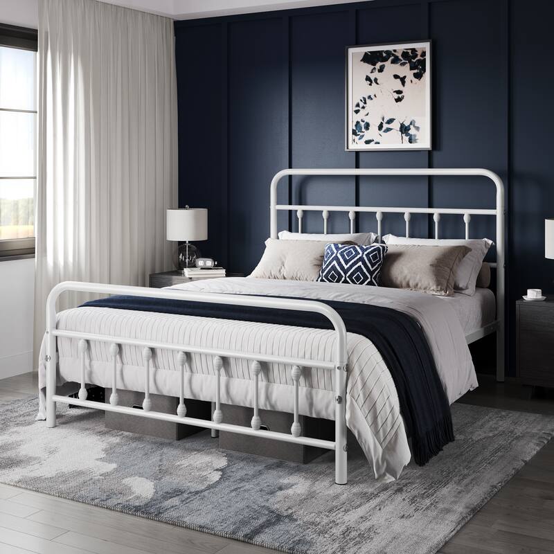 Yaheetech Classic Iron Bed Metal Bed Frames with High Headboard - White - Queen