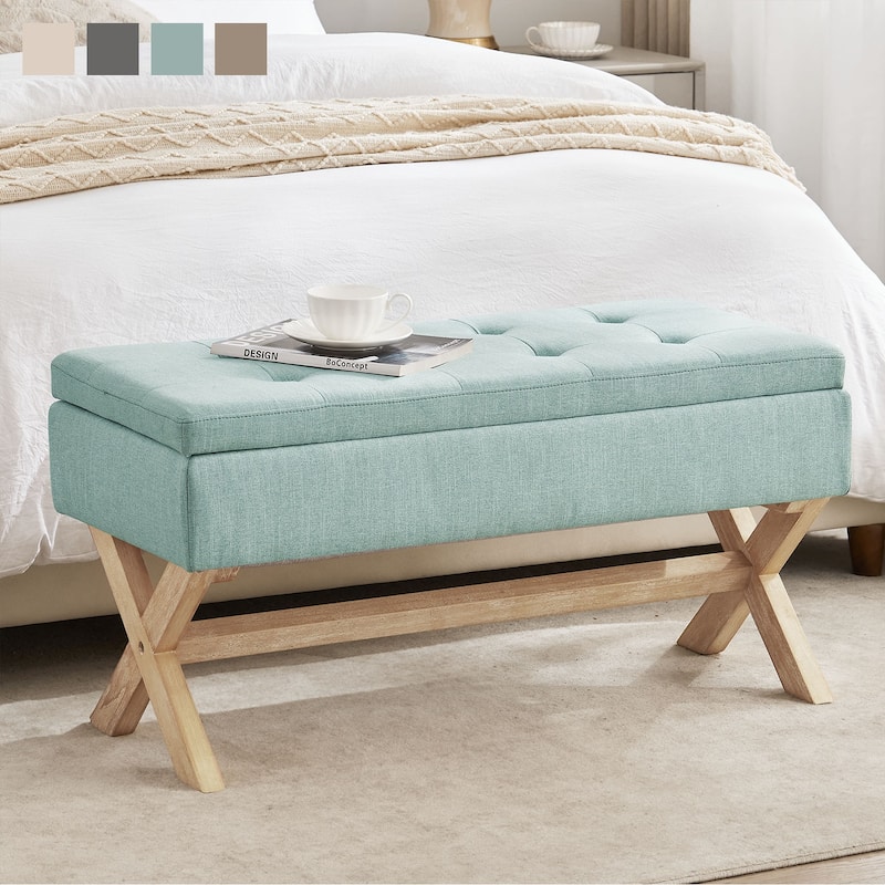 Fabric Entryway Bench Beige/ Grey Upholstered Storage Bench with X-Shaped Legs, 36-inch