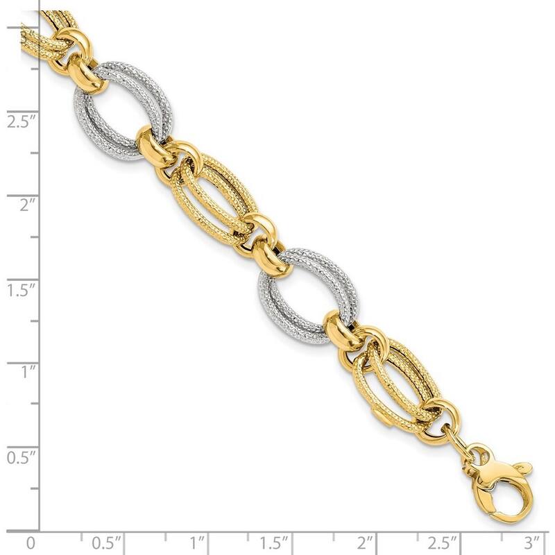 Curata 11mm 14k Two tone Gold Polished and Textured Fancy Link Bracelet 8 Inch