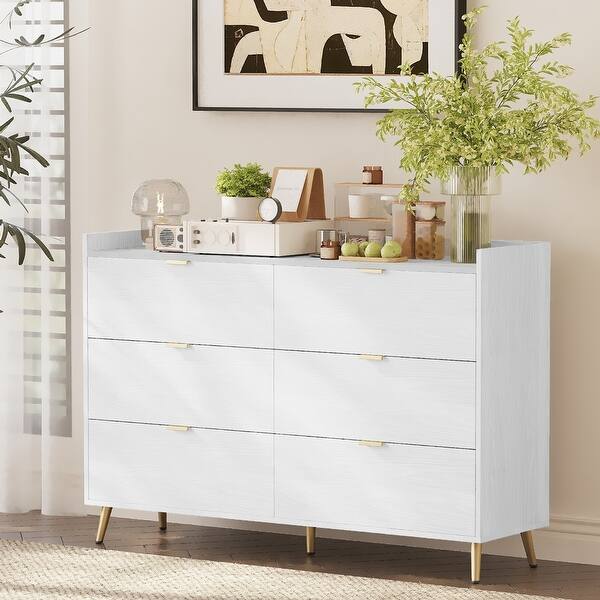 55" Long 6-Drawer Dresser with Marbling Worktop, Mordern Storage Cabinet  with Metal Leg and Handle - Bed Bath & Beyond - 40239142