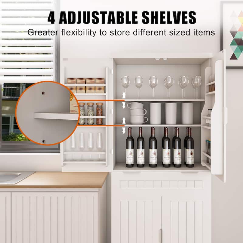 Tall White Kitchen Pantry Cabinet with Drawer, Adjustable Shelves and 6 Door Racks, Farmhouse Storage Organizer