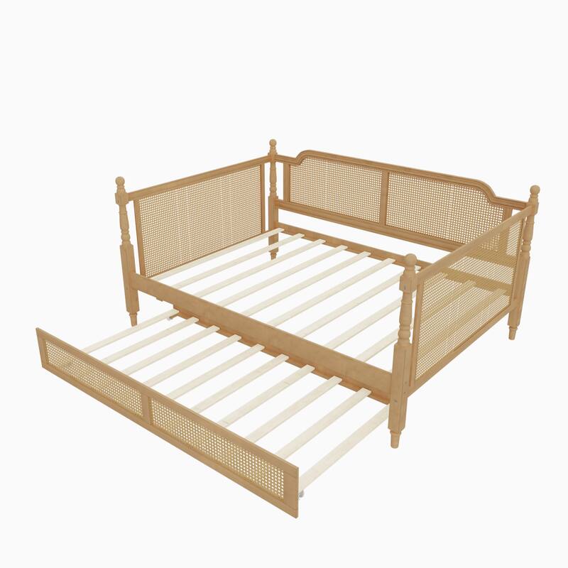 Rattan Frame Daybed with Pull-out Storage Drawers Bookcase Bed - Wooden Sofa Bed with Trundle Bed Platform Bedframe - Open Bed