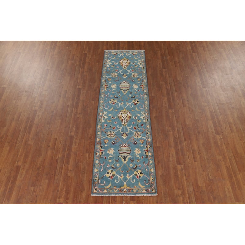 Light Blue Oushak Runner Rug Handmade Transitional Wool Carpet - 2'9" x 9'9"