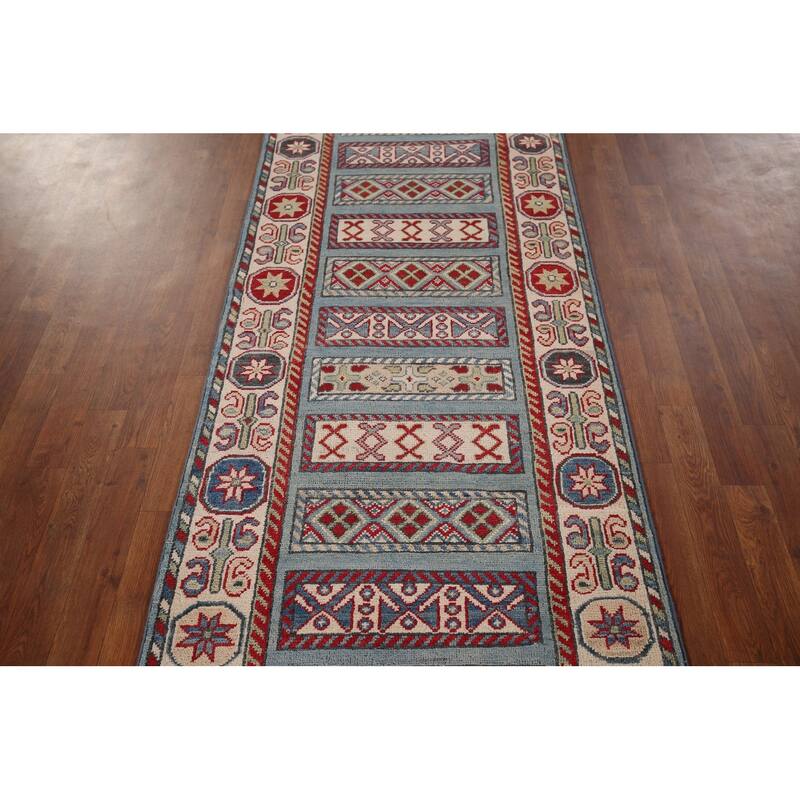 Light Blue Kazak Oriental Runner Rug Handmade Wool Carpet - 3'0" x 16'5"