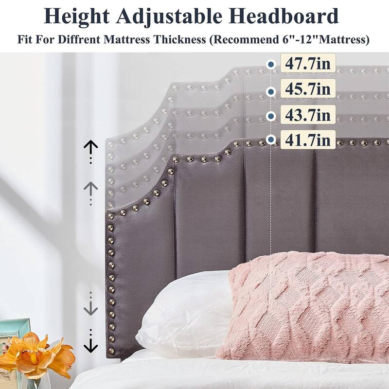 VECELO Upholstered Bed Frame with Nailhead Trim Adjustable Height Headboard, Twin/Full/Queen Size Bedframes