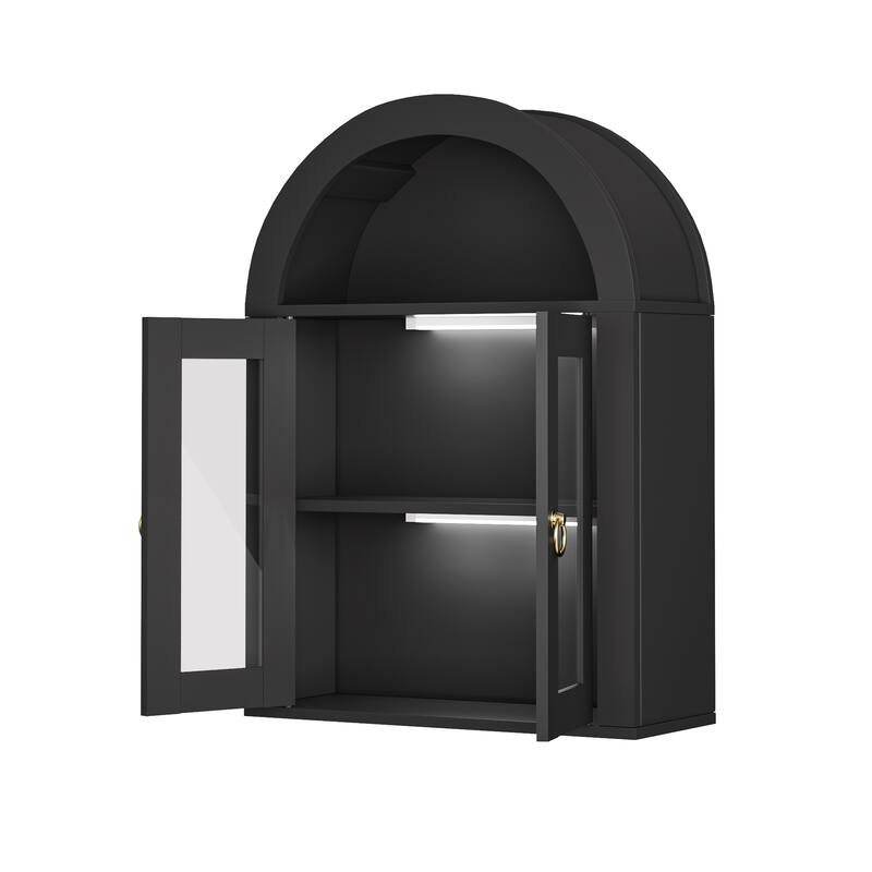Wall Mounted Arched Cabinet with Glass Doors, Light and Adjustable Shelves for Laundry Room, Bathroom, Kitchen