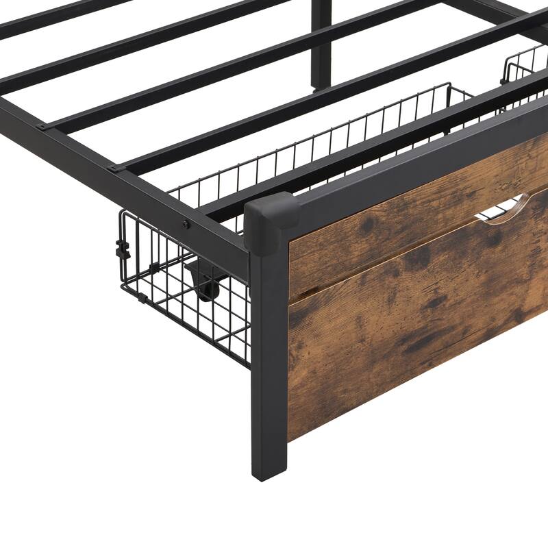 King Size Metal Platform Bed with Wooden Headboard, USB Charging, LED Lights, Storage Drawers, No Box Spring Needed