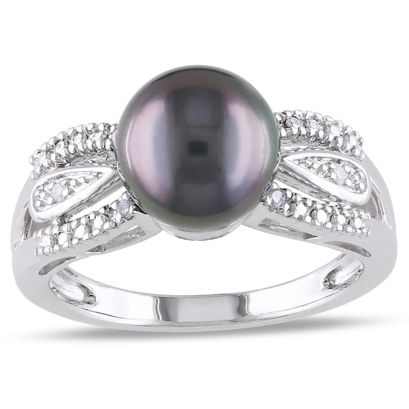 Miadora 9-9.5mm Black Tahitian Pearl and Diamond Split Shank Ring in Sterling Silver