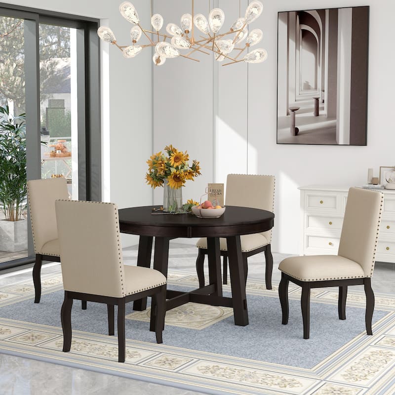 5Piece Wooden Kitchen Dining Table Set with Extendable Table and 4