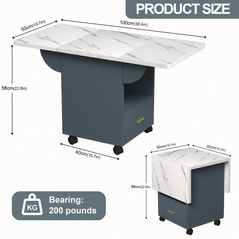 Wood Folding Dining Table, Extendable Office Table with Wheels, Movable Kitchen Table with Storage Rack & Drawers