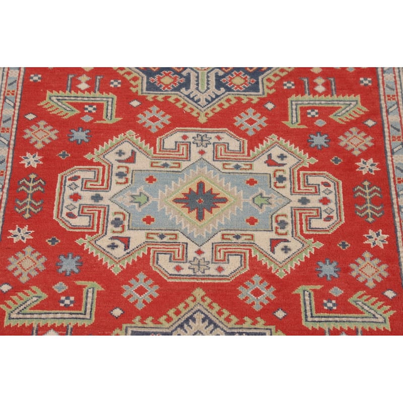 Geometric Kazak Accent Rug Handmade Wool Carpet - 4'2" x 5'9"