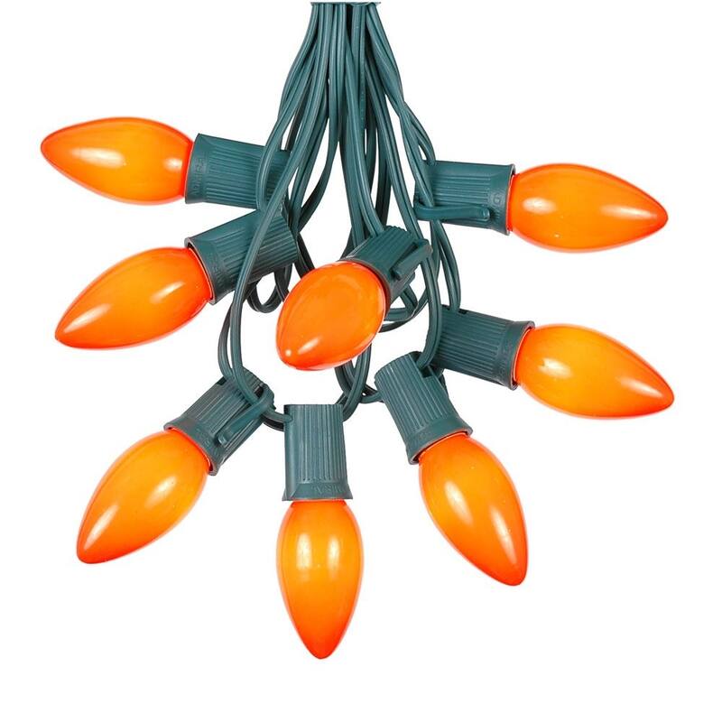 100 Foot C9 Ceramic Christmas Light Set, Hanging String Lights, Green Wire - Orange