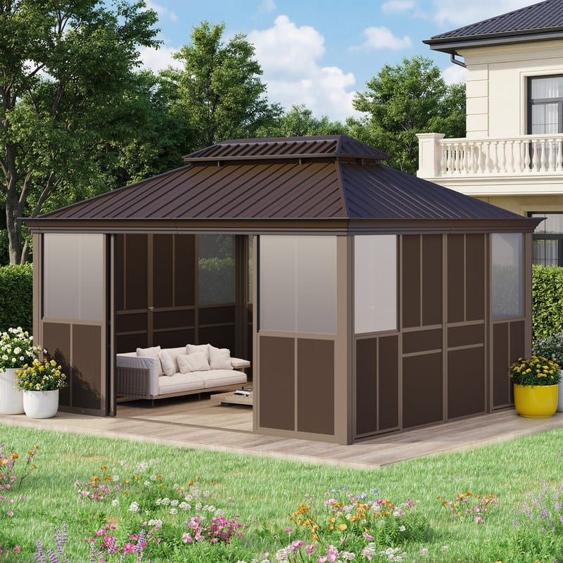 Hardtop Sunroom with Double Steel Roof, Sliding/Lockable Doors & Screens - All-Season Rustproof Aluminum Frame,Advanced Drainage