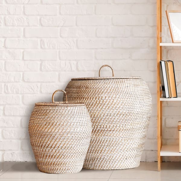 Hand-Woven Rattan Wicker Storage Baskets with Lids, Set of 2 - Bed Bath ...