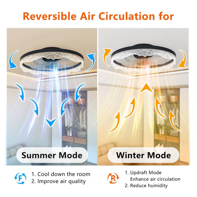 LunaDrift 16"20"24" Modern LED Crystal Black Smart Ceiling Fan with Light, 6-Speed Dimmable Quiet Bedroom Ceiling Fan w/Remote