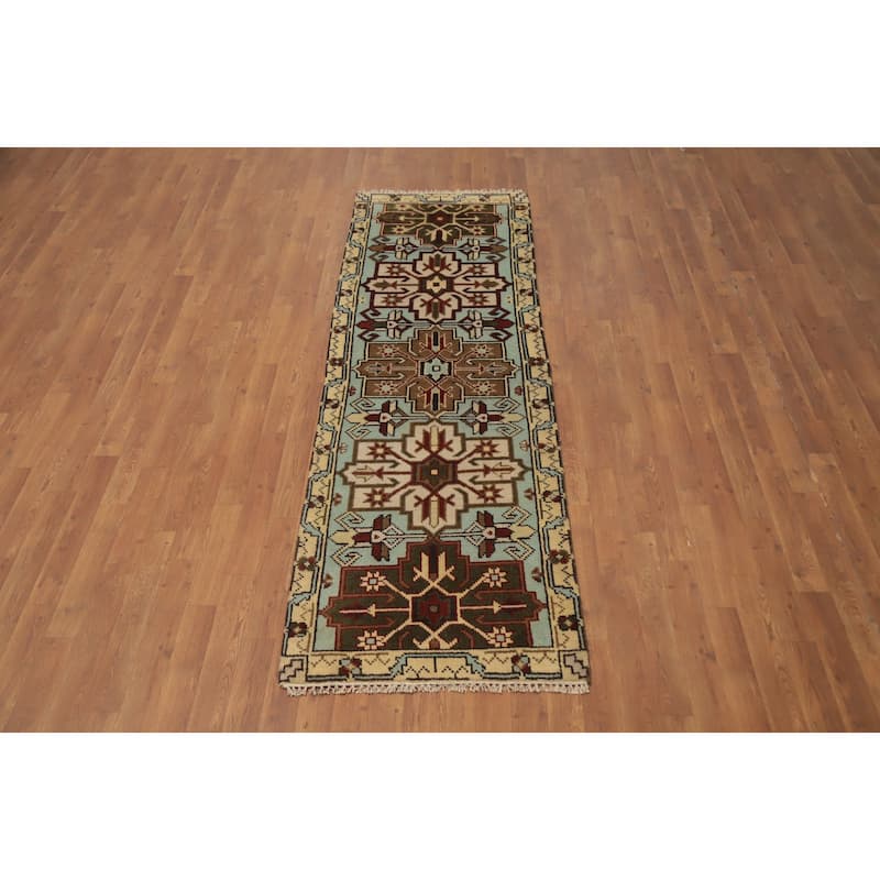 Hand Knotted Oriental 100% Wool Carpet Traditional Geometric Navy Blue & Blues Kazak Runner Rug - 7' 11'' X 2' 6''