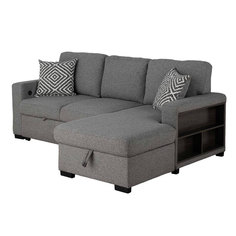 Furniture of America Oswin Modern Grey Pull-Out Sleeper Sofa Sectional with Storage Shelves and USB Ports