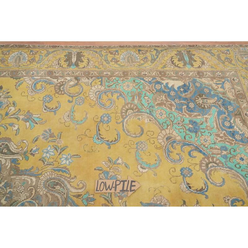 Hand Knotted Oriental 100% Wool Carpet Traditional Floral Yellow & Gold Tabriz Area Rug - 10' 11'' X 7' 6''