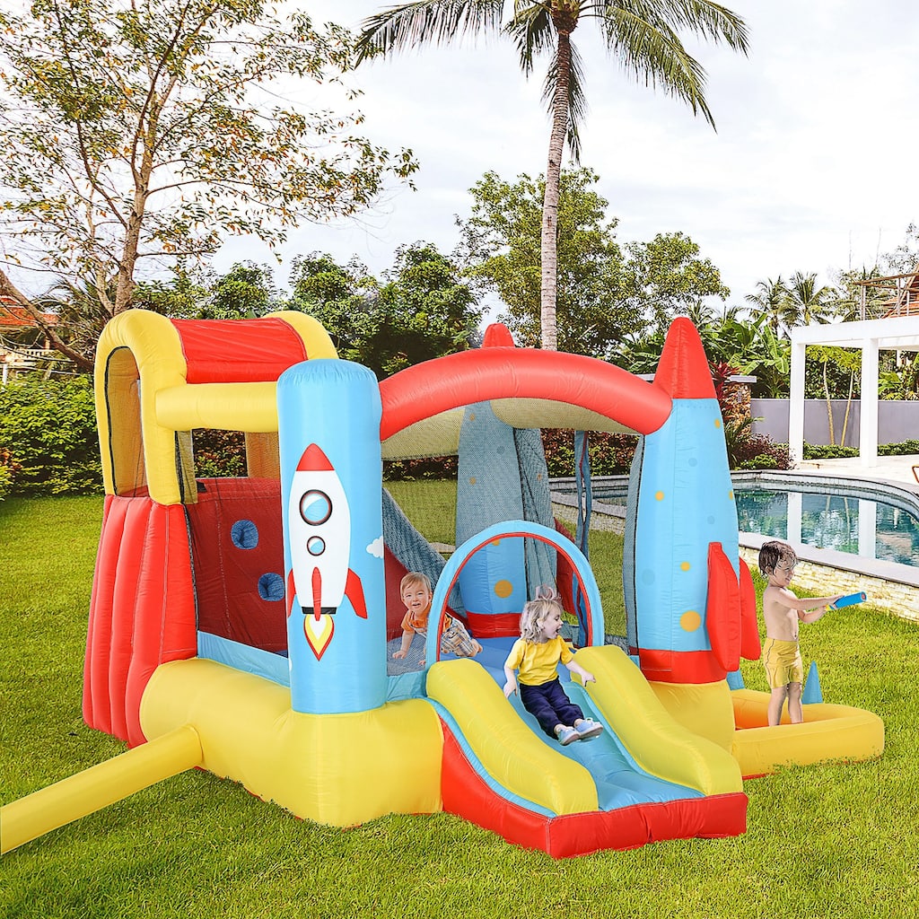 Outsunny 4-in-1 Kids Inflatable Bounce House Jumping Castle with 2 Slides, Climbing Wall, Trampoline, & Water Pool Area