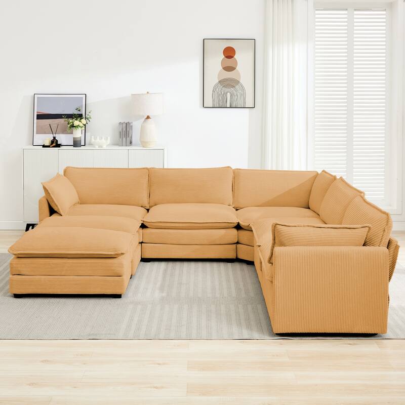 7-Seater Corduroy Sectional Sofa with 2 Removable Ottomans & Corner Seat, Soft & Comfortable - 5 Seats with 2 Ottoman