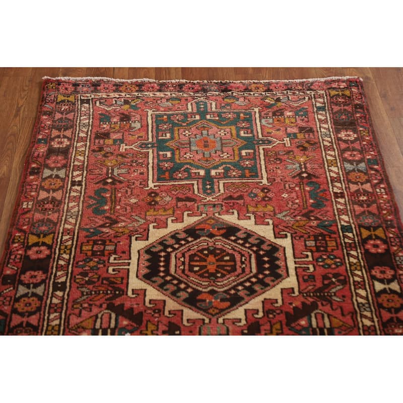 Pink Gharajeh Persian Vintage Runner Rug Handmade Tribal Wool Carpet - 3'2"x 12'9"