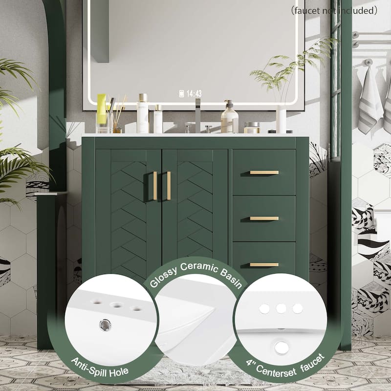Roomfitters 36 Inch Bathroom Vanity with Ceramic Sink Combo, Solid Wood Frame Freestanding Storage Cabinet with 3 Drawers